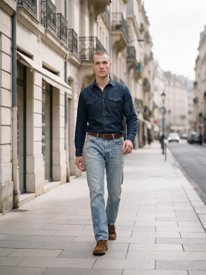 Davi de camisa jeans escura e calça jeans clara, caminhando numa avenida