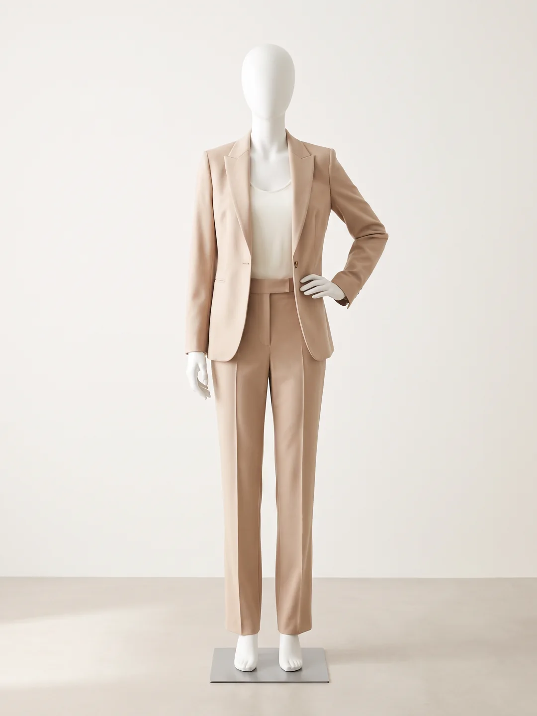 Terno bege, blazer e calça, vestido num manequim