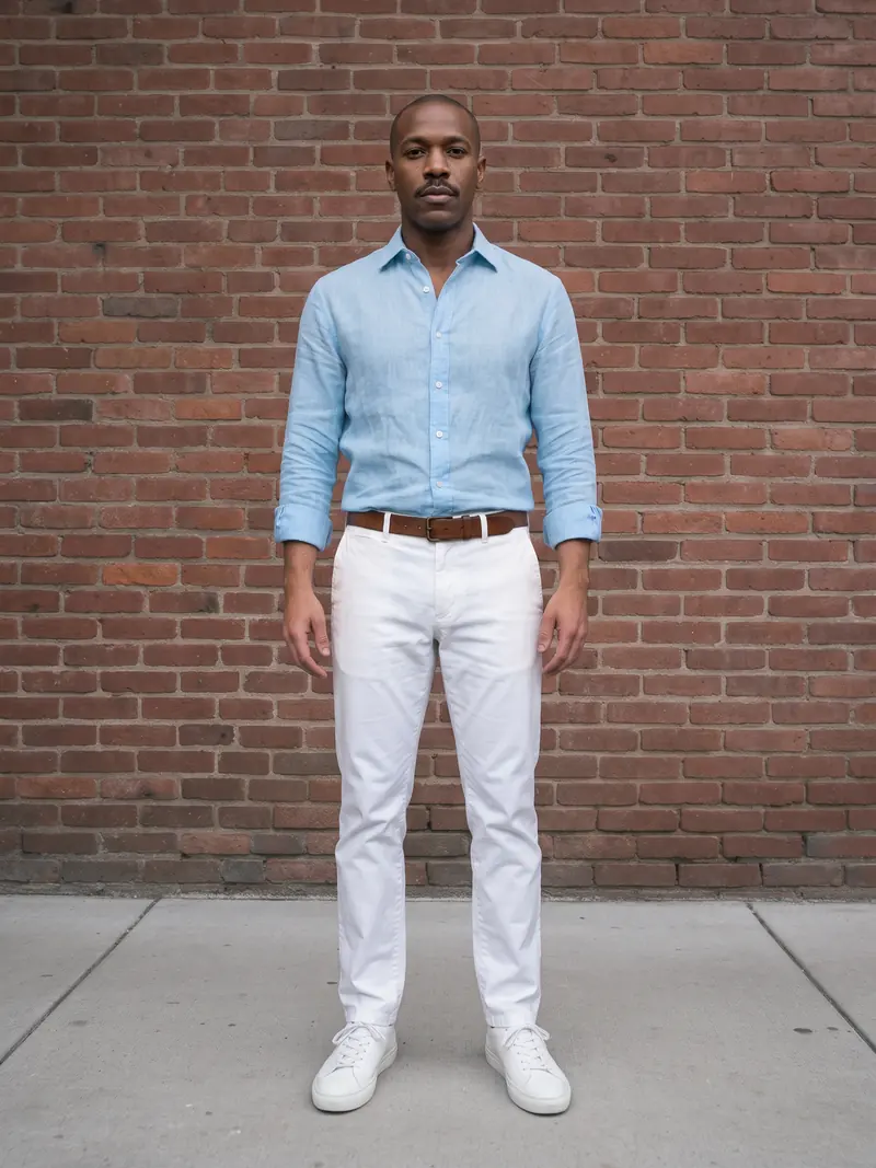 Enzo com camisa de linho azul e calça branca, diante de um muro de tijolo